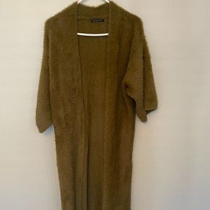 Long plush sweater coat;  one size;  olive green;  wide/3/4 sleeves